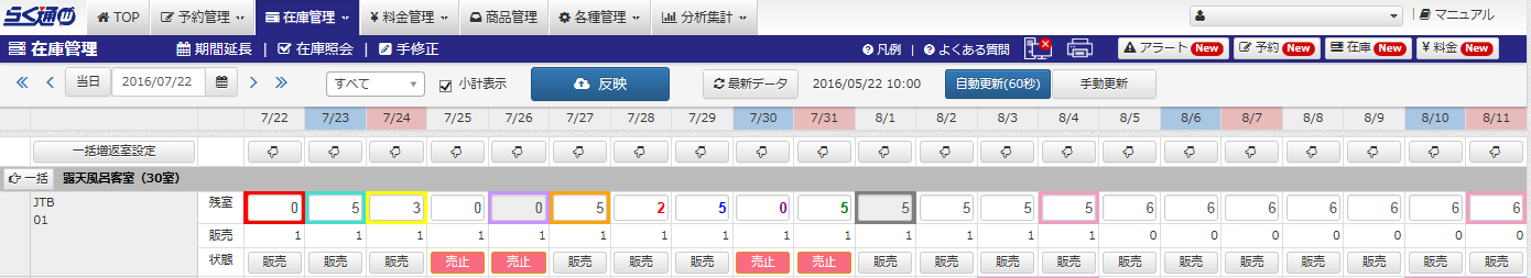 旅行会社・予約サイト在庫3週間一覧表示